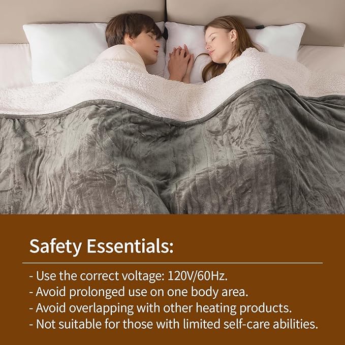 Bearhug Electric Heated Blanket Heating Blanket Queen Size 84"x 90" Warm Throw Gift Dual Controllers Velvet & Sherpa, 10 Levels & 0.5-12H Auto Off, Over-Heat Protect, ETL, Machine Washable