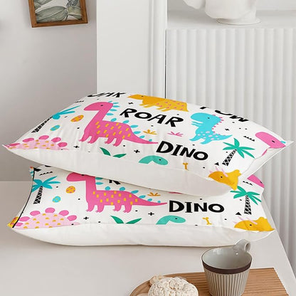 Axolotl Girls Cartoon Dinosaur Bedding Comforter Set,Cute Colorful Dinosaur Bedding for Girls Teens,Kawaii Dino Animal Kids Comforter Set for Boys Adults,1 Quilt 2 Pillow Cases,White King Size