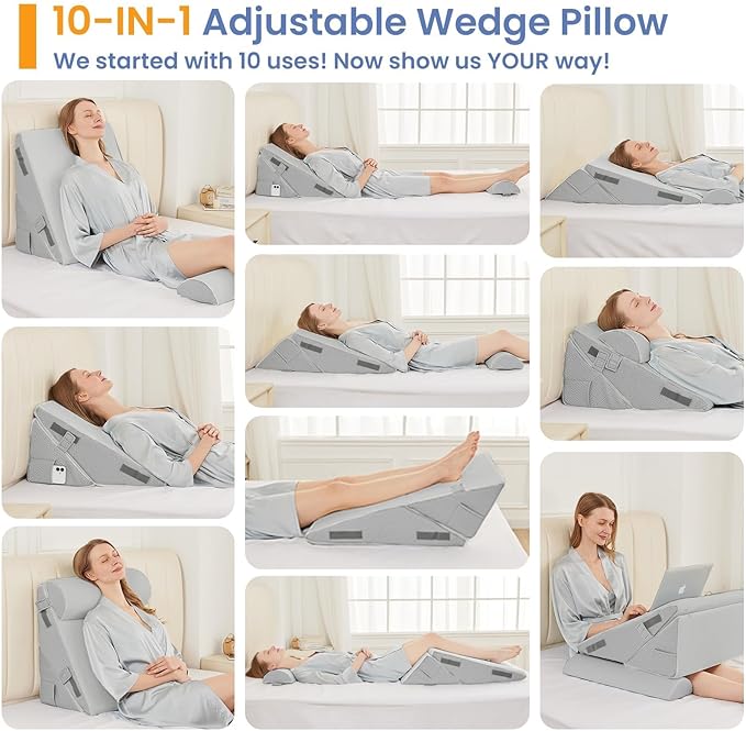 Sasttie Wedge Pillow Set for After Surgery, 2PCS Adjustable Bed Wedge Pillow Headboard with Memory Foam Neck Cushion – for Acid Reflux, Sleeping, Neck & Back Support, Light Grey