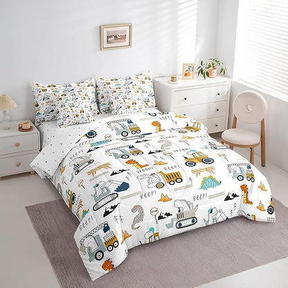Feelyou Construction Comforter Set with Sheets 7 Piece Twin Size Equipment Trucks Bedding Set Dinosaur Bed in a Bag 3D Digital Print Yellow Bed Set with Comforter,Sheets,Pillowcases,Cushion Covers