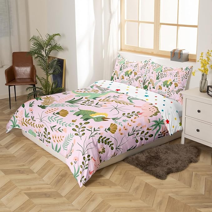 Cute Dino Kids Duvet Cover Set Queen Size,Kawaii Pink Green Dinosaur Polyester Bedding Set for Women Adult,Cartoon Wildlife Floral Leaves Plant Reversible Quilt Cover, 2 Pillowcases (NOT Comforter)