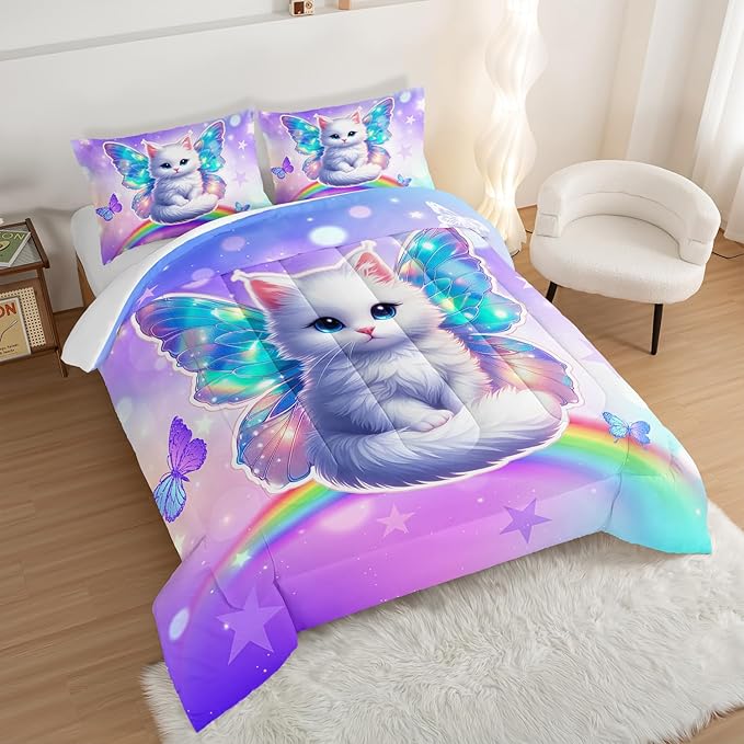Kids Cartoon Cat Comforter Set Queen Size,Rainbow Butterfly Bedding Sets for Teens Boys Girls Aesthetic Room Decor,Cute Bedding Set with 2 Pillowcases.