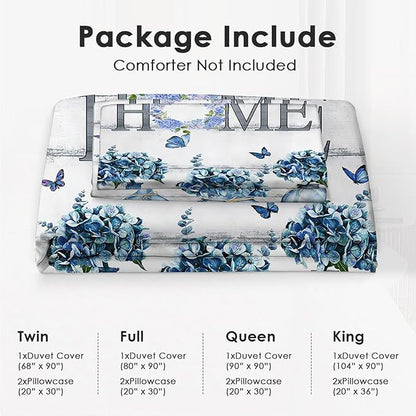 Navy Hydrangea Theme 3 Pieces Duvet Cover Comforter Set with 2 Pillowcase Twin Size Blue Floral Bed Sheet Quilt Bedroom Bedding for Lover Kids