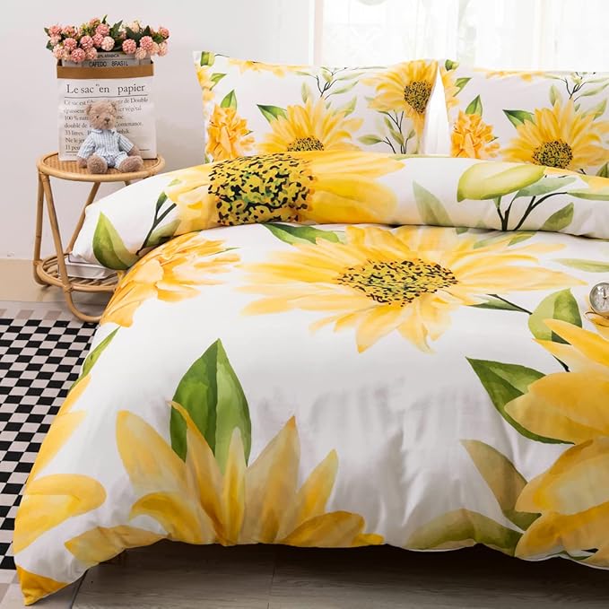 CVHOUSE Sunflower Bedding Full Size,Floral Sunflower Bedding Set for Girls Kids Teens,Aesthetic Farmhouse Comforter Set Cover Soft,1 Duvet Cover 2 Pillowcases 3 Piece,Girls Room Decor