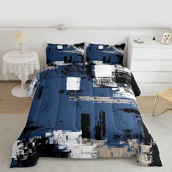 Feelyou Abstract Bedding Set Kids Modern Abstract Art Comforter Set Blue Black White Comforter for Boys Room Decor Lightweight Duvet Set King Size with 2 Pillow Case