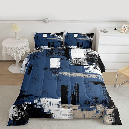 Feelyou Abstract Bedding Set Kids Modern Abstract Art Comforter Set Blue Black White Comforter for Boys Room Decor Lightweight Duvet Set King Size with 2 Pillow Case
