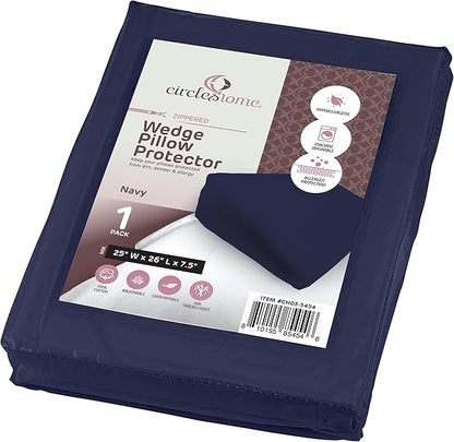 CirclesHome Wedge Pillow Cover 100% Cotton, Zippered Wedge Pillow Case Protector, Soft, Hypoallergenic & Breathable - Navy, (25Wx26Lx7.5)