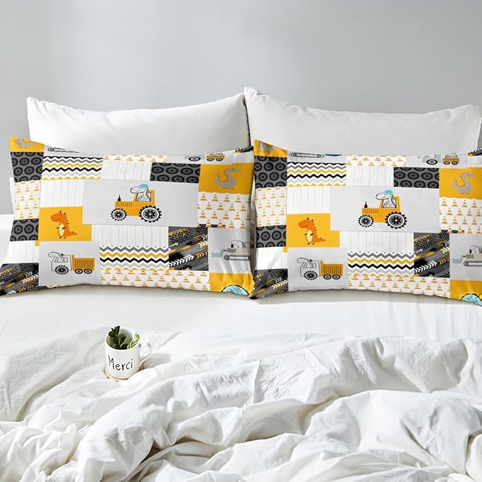 Feelyou Construction Comforter Set King Size Kids Cartoon Car Excavator Tractor Toddler Comforter Equipment Trucks Plaid Grid Yellow Comforter Set Construction Vehicles Duvet Set Quilt Set