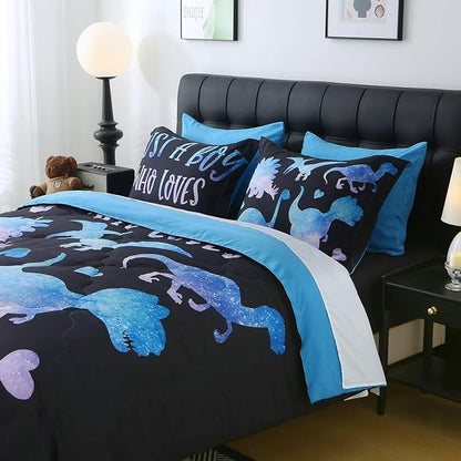 7 Piece Boys Dinosaur Comforter Set Twin Size Blue Dinonsaur Soft Microfiber Bed in A Bag with Comforter,Sheet Set,Pillowcase and Sham for Child Teens All Season