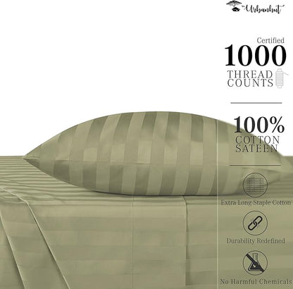 URBANHUT 1000 Thread Count Damask Striped Twin Size Egyptian Cotton Sheets, Long Staple Soft & Breathable, 4 Pc Bed Sheet Sets, Luxury Hotel Sateen Sheets Fits 16" Deep Pocket - Sage