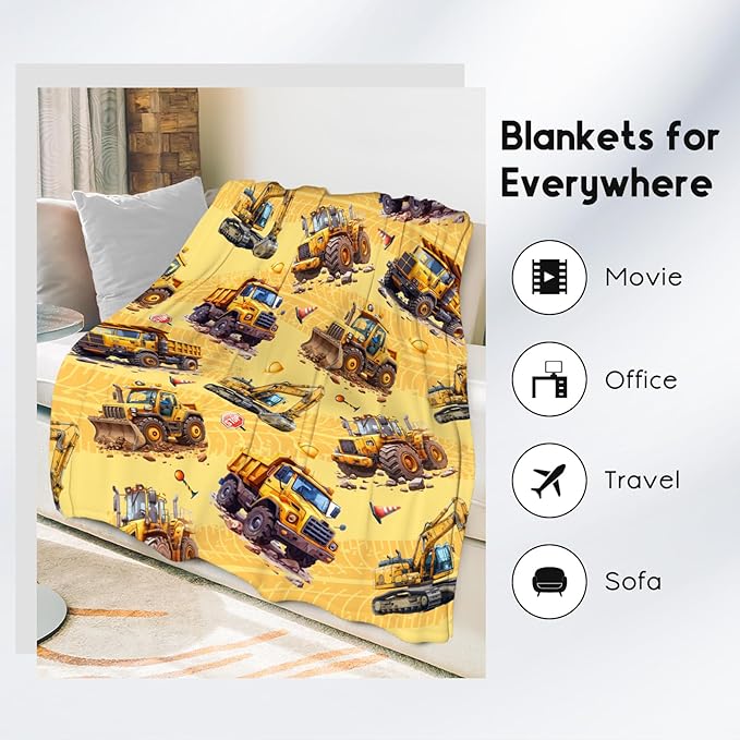 Kids Throw Blanket - Construction Truck Gifts for Boys Men - Excavator Fleece Throws for Bedroom Decor (60"x80")