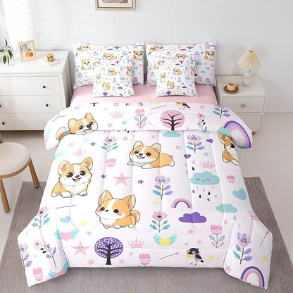 Erosebridal 7 Piece Bed in a Bag King Size Comforter Set for Kids Floral Corgi Dog Bedding Set,Cartoon Zoo Animal Reversible Bed Set,Cute Flower Comforter with Sheet Set,All Season