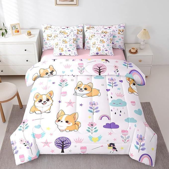 Erosebridal 7 Piece Bed in a Bag Twin Size Comforter Set for Kids Floral Corgi Dog Bedding Set,Cartoon Zoo Animal Reversible Bed Set,Cute Flower Comforter with Sheet Set,All Season