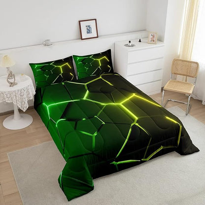 Feelyou Honeycomb Comforter Green Yellow Hexagonal Print Bedding Set for Kids Boys Girls Children Beehive Geometrical Comforter Set Ultra Soft Decor Reticulated Duvet Set Queen Size