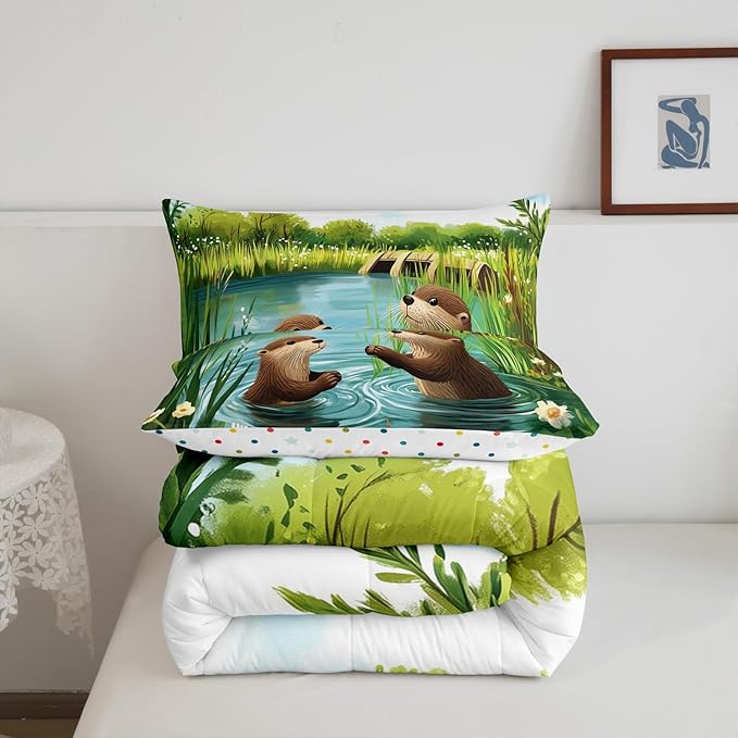 Cute Otter Bedding Sets Twin Size 2 Pcs Cartoon Pond Brown Wild Animal Comforter Set for Kids Boys Girls Teens Natural Green Plants Floral Rustic Style Comforter Duvet Set with 1 Pillowcase