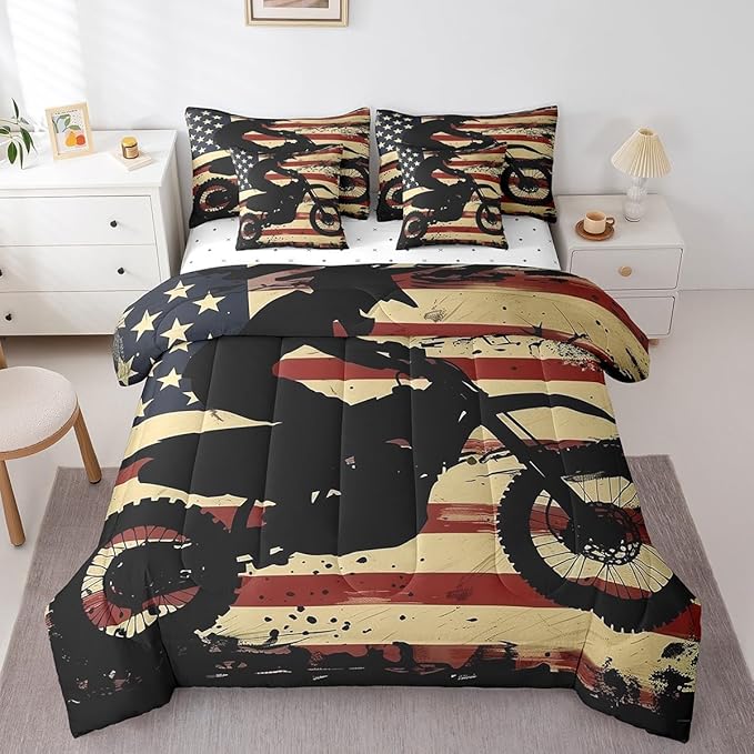 Feelyou Dirt Bike Comforter Set with Sheets King Size Racing Motocross Rider 7 Piece Bedding Set for Kids Boys Girls Teens Toddler Extreme Sports Bed in a Bag Vintage Retro Bed Set