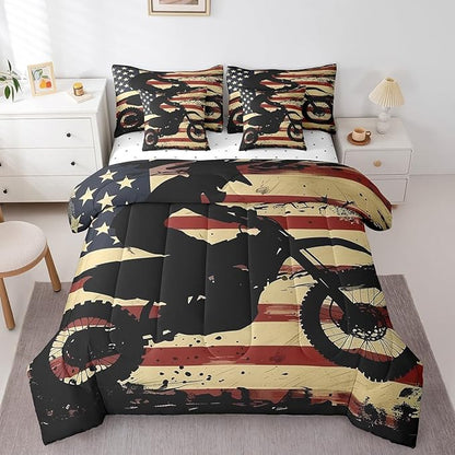 Feelyou Dirt Bike Comforter Set with Sheets King Size Racing Motocross Rider 7 Piece Bedding Set for Kids Boys Girls Teens Toddler Extreme Sports Bed in a Bag Vintage Retro Bed Set