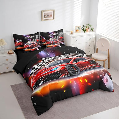 Feelyou Red Racing Car 7 Piece Bedding Set Full Size Extreme Sport Comforter Set with Sheets for Kids Boys Girls Teens Toddler Fast and Furious Bed in a Bag Black White Flag Bed Set