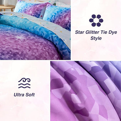 A Nice Night 6Pcs Gradient Abstract Art Grid Mosaic Geometric Bedding Set for Girls, Colorful Rainbow Galaxy Comforter Set, Ultra Soft Bedding Sets (PinkBlue,Full 6Pcs)
