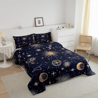 Feelyou Stars Print Comforter Set for Girls Boys Kids Full Size Bohemia Comforter Room Decor Moon Bedding Set Medium Blue Duvet Set