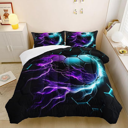Soccer Print Themed Comforter 3Pcs Queen Gaming Sport Soccer Grid Bedding Set for Kid Teen Girl Boy Adult Balls Sports Games Blue Light Football Quilt Decor with 1 Comforter and 2 Pillowcases