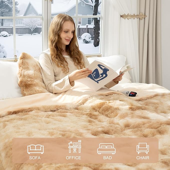 Faux Fur Heated Throw Blanket for Couch - 50"X60" Bubble Faux Fur Electric Blanket Fluffy Fuzzy Soft Thick with 6 Fast Heating Levels & 4 hrs Timer Settings, Washable & ETL Certified, Tie-Dye Beige
