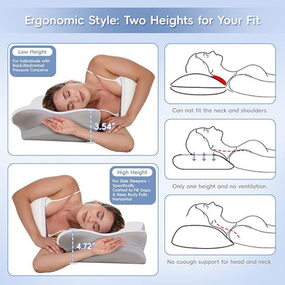 Cervical Neck Pillow, Memory Foam Pillows for Neck and Shoulder Pain Relief, 2 Heights Ergonomic Pillow with Breathable Ice Silk Cover, Neck Support Pillow for Side Back Stomach Sleepers