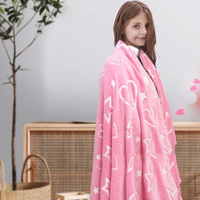 Glow in The Dark Blanket for Mothers Day - Soft Warm Furry Throw Gift for Mom, Cozy Heart Blanket Indoor Outdoor Camping Bedding, Pink Heart 50x60 Inches