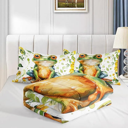 Cartoon Green Wild Frog Comforter 3Pcs Yellow Sunflower Bedding Full Tropical Amphibian Animal Quilt Set for Kid Teen Girl Boy Adult Botanical Leaf Bed Decor with 1 Comforter and 2 Pillowcases