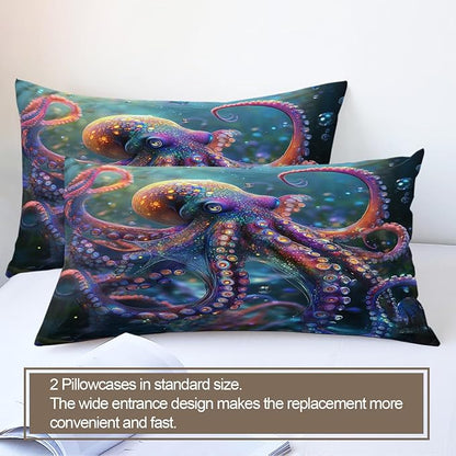 3D Octopus Duvet Cover Twin Ocean Colorful Octopus Bedding Set 2 Piece for Kids Bedroom Marine Animal Patterned Comforter Cover with Zipper Ties & 1 Pillowcases