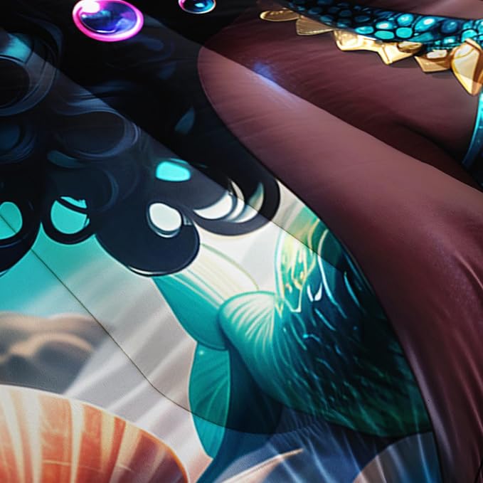 Black Girl Mermaid Comforter Set Queen Size, Kawaii Mermaid Bedding Set with Bubble Design for Kids Girl, Ocean Theme Duvet Set with 2 Pillowcases