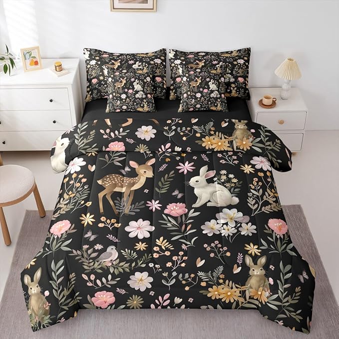 Feelyou Cute Deer and Rabbit 7 Piece Bedding Set Floral Flower Comforter Set with Sheets for Kids Boys Girls Nature Plants Bed in a Bag Black Colorful Bed Set Soft Lightweight