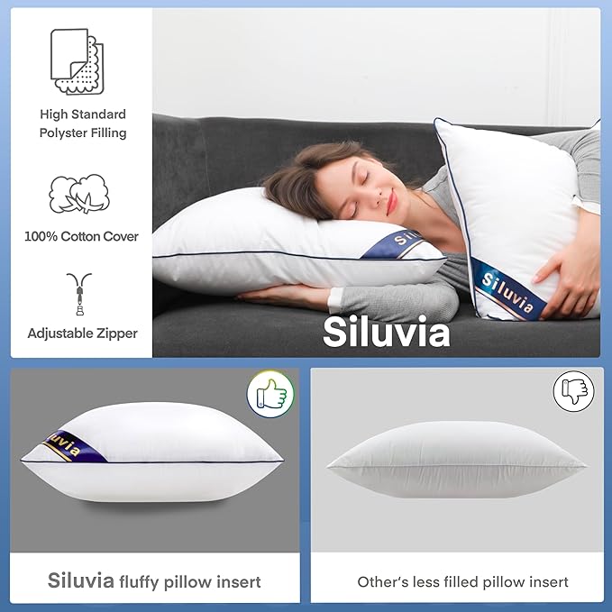 Siluvia 22"x22" Pillow Insert Set of 2 Square Throw 22 Pillows with 100% Cotton Cover for Sofa, Couch, and Bed - White