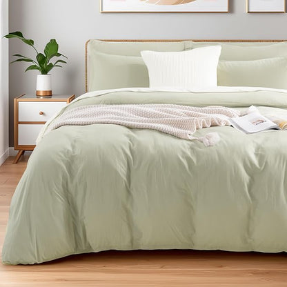 NEXHOME PRO Duvet Cover Set California King Linen Feel Textured Organic Natural 100% Washed Cotton Duvet Cover 3 Pieces Bedding Set Zipper Closure, Breathable, Soft, Mint Green (No Comforter)