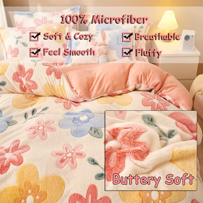 Pink Duvet Cover Twin, Fluffy Comforter Cover Set, Kawaii Bedding Sets for Girl Ultra Soft Cute Floral Bed Set for Kids (Flower, Twin)