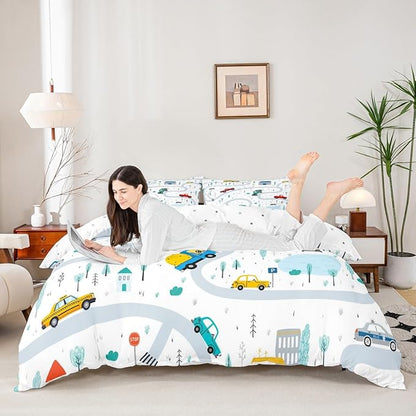 Cartoon Truck Duvet Cover Set Twin Size,Boys Road Traffic Themed Comforter Cover Car Vehicle Transport Bedding Set 2pcs for Kids Teens Room Decor,Watercolor Tree White Quilt Cover,1 Pillowcase