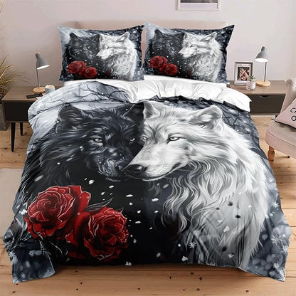 Kids Teens Bedding Cover Set Full Size 3 Pieces Soft Cozy Comforter Cover Set Vibrant Black and White Colors Wolf Print Red Rose Design Microfiber Duvet Cover Set,Full