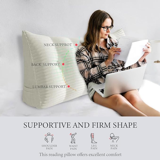Wedge Headboard Pillow Dorm Room Reading Pillow Back Support for Sitting Up in Bed Bolster Lumbar Cushion Body Positioning Bedrest Corduroy (White, King (76 * 8 * 20in))