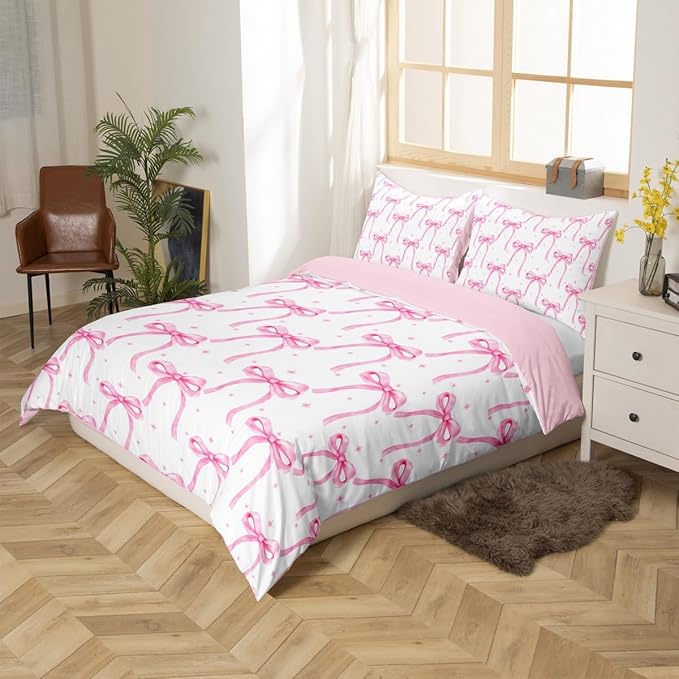 Cartoon Bowknot Girls Duvet Cover Set Full Size Kids Bow Tie Princess Bedding Sets 3Pcs for Child Girly Woman Room Decor, Butterfly Knot Quilt Cover with 2 Pillowcases (No Comforter) Pink