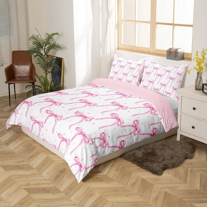 Cartoon Bowknot Girls Duvet Cover Set King Size Kids Bow Tie Princess Bedding Sets 3Pcs for Child Girly Woman Room Decor, Butterfly Knot Comforter Cover with 2 Pillowcases (No Comforter) Pink