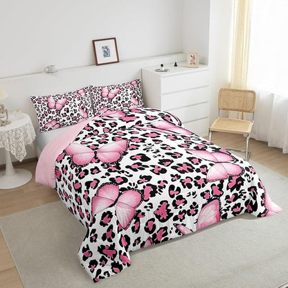 Pink Leopard Comforter Set King Size,Romantic Butterfly Bedding Set 3pcs for Kids Teens Boy Girl Room Decor,Wild Animals Theme Quilt Set Cheetah Fur Duvet Insert with 2 Pillowcases
