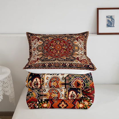 Boho Floral Comforter Set King Size,Vintage Geometric Flowers Pattern Bedding Set 3pcs for Adult Woman Room Decor,Aztec Tribal Colorful Quilt Set Exotic Retro Duvet Insert,2 Pillowcases,Brown