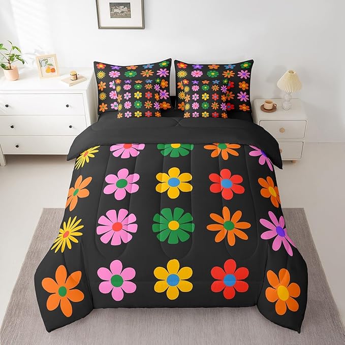Feelyou Cute Flower 7 Piece Bedding Set King Size Colorful Flower Comforter Set with Sheets for Kids Boys Girls Black Colorful Bed in a Bag Kawaii Theme Bed Set