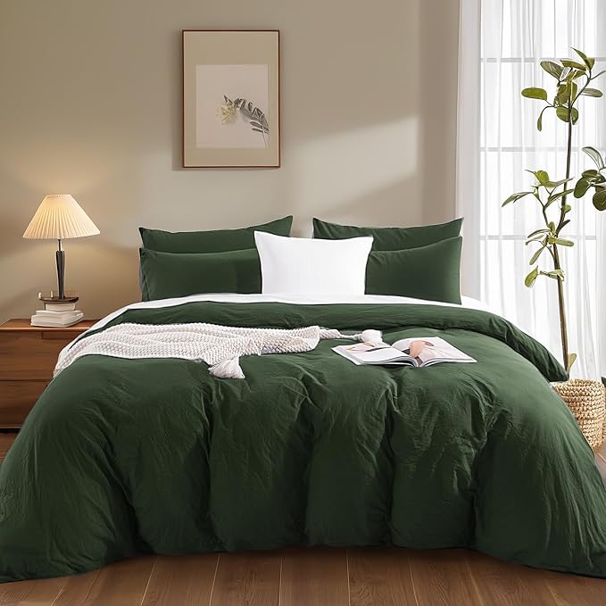 NEXHOME PRO King Duvet Cover Set – 100% Certified Organic Cotton with Washed Feel & Linen-Like Texture, Comfortable & Breathable, Home Bedding Set Olive Green (No Comforter)