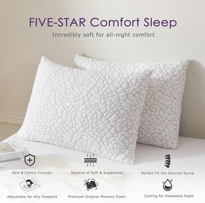 Shredded Memory Foam Pillow for Sleeping, Cooling Bed Pillows King Size Set of 2, Adjustable Soft and Firm Pillows or Side, Back, Stomach Sleepers with Washable Removable Bed Pillow Cover