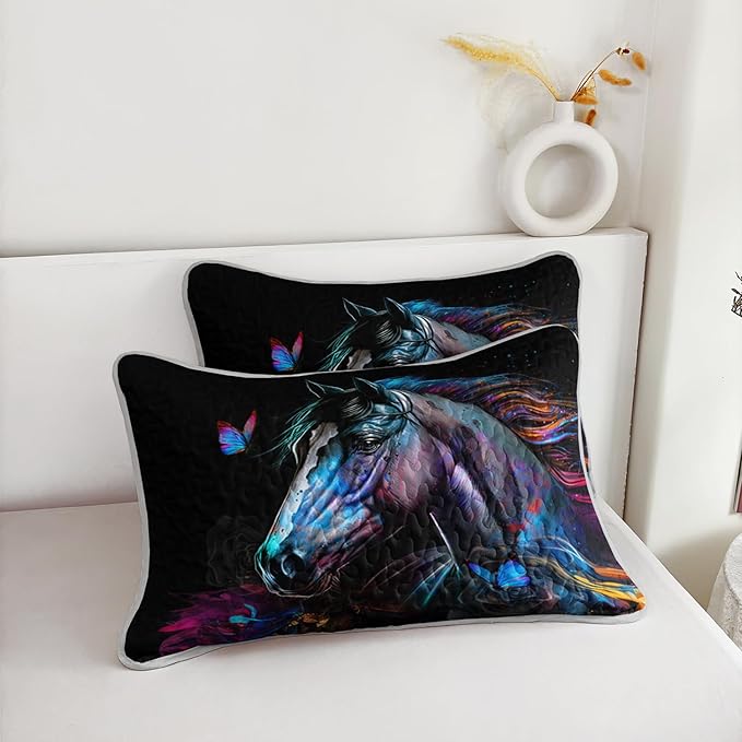 HOSIMA Art Horse Queen Size Bedding Set,Wildlife Colorful Horse Print Black Quilt Aesthetic Room Decor,Multicolor Butterfly Pattern Lightweight Quilt,Animal Bedding with 2 Pillowcases.