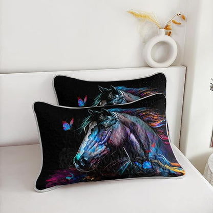 HOSIMA Art Horse Bedding Sets Full,Wildlife Colorful Horse Print Black Quilt Aesthetic Room Decor,Multicolor Butterfly Pattern Lightweight Quilt,Animal Bedding with 2 Pillowcases.