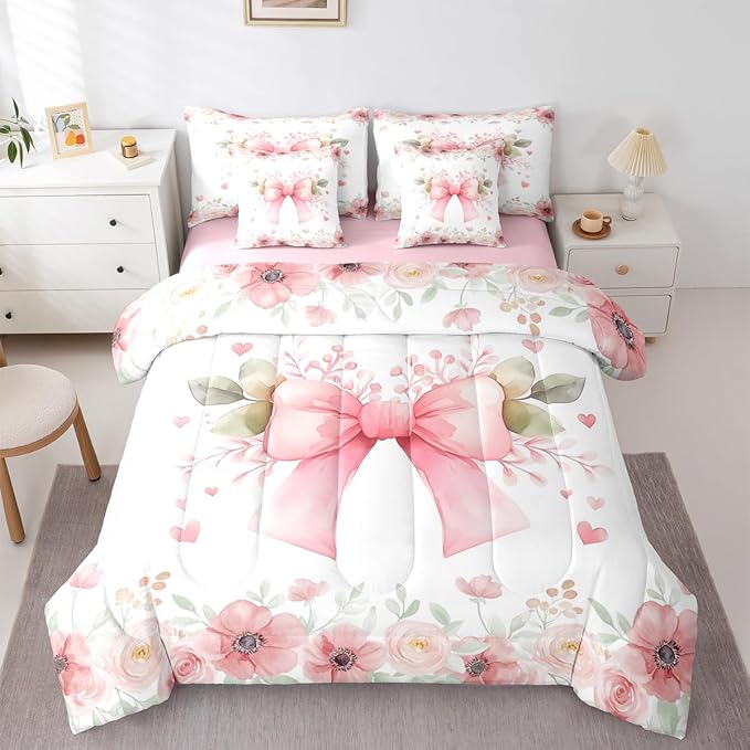 Erosebridal Pink Bow 7 Piece Bedding Set - Kawaii Floral Bowknot Comforter Sets with Sheets for Kids Girls Room Decor - Romance Flowers Coquette Bowknot Bed in A Bag Queen Size