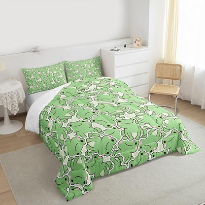 Cute Frog Comforter Set Queen,Cartoon Animals Bedding Set 3pcs for Kids Teens Boys Girls Room Decor,Summer Natural Quilt Set Green Watercolor Duvet Insert with 2 Pillowcases