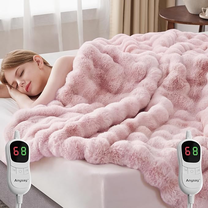 Heated Blanket Throw with 1/2/4/6/8 Hours Auto-Off 10 Heat Level, 90'' * 100'' Cozy Faux Rabbit Fur Bubble Electric Blanket with Overheat Protection(Tie-Dye Pink)